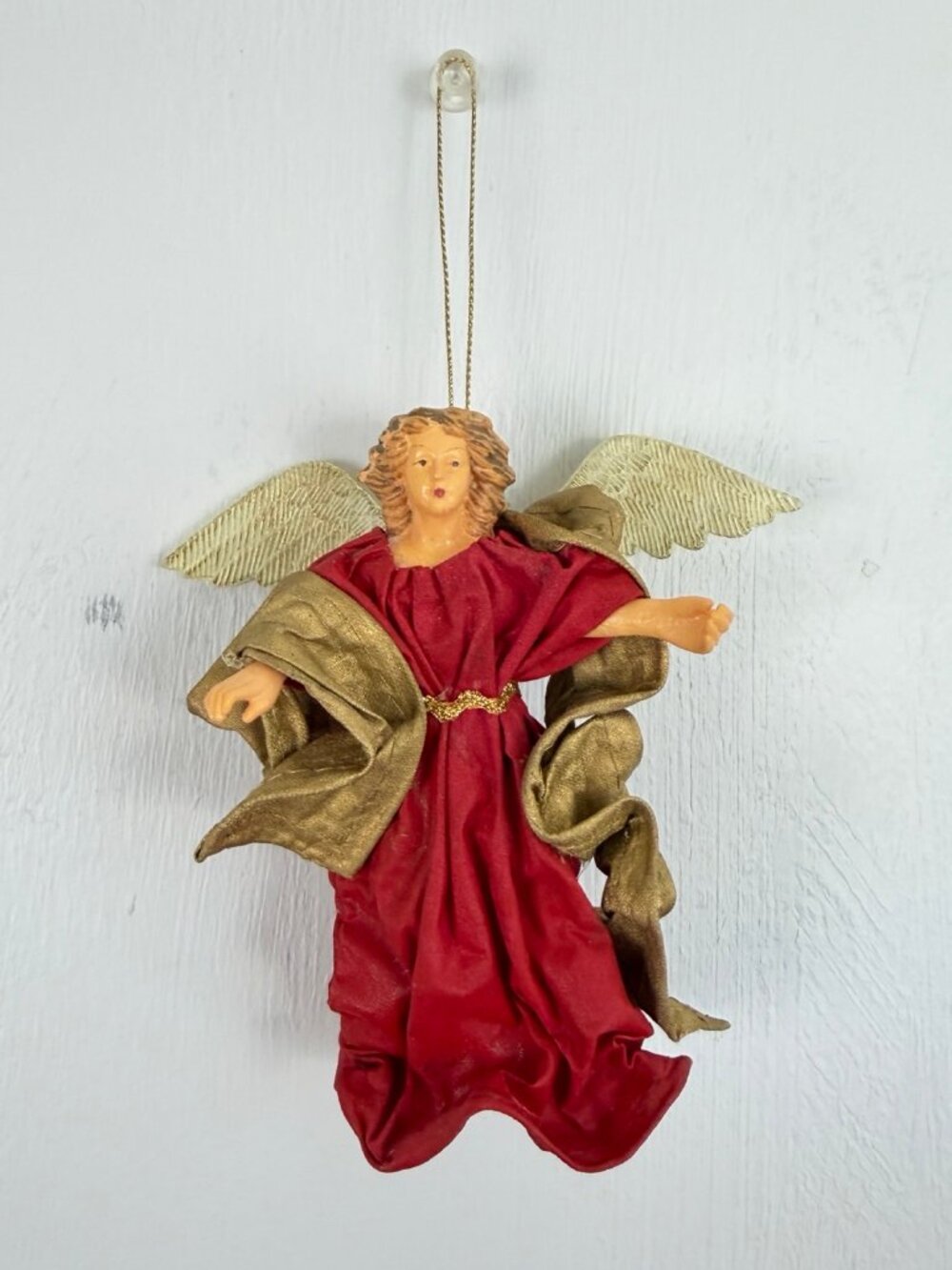 Vintage 1990s Angel Christmas Ornament Handcrafted Paper Mache Red Gold